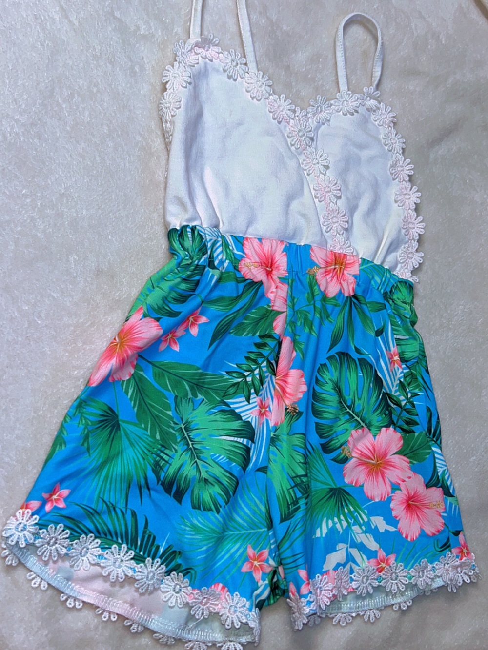 Girls Floral Blue Tropical Romper with Lace Trim